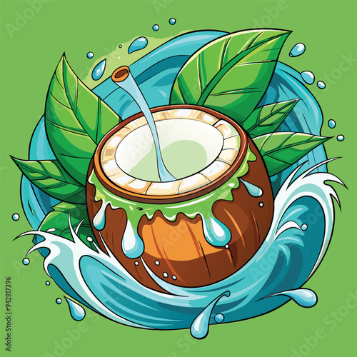 Coconut whole with tree holes Cartoon coconut icon Coconut milk