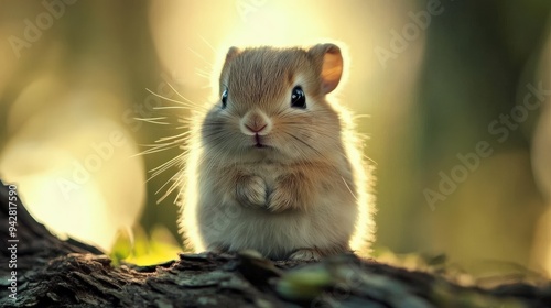 A tiny, fluffy creature stands on a log in a sunlit forest. Its round eyes and soft fur capture the essence of adorableness, making it a heartwarming sight