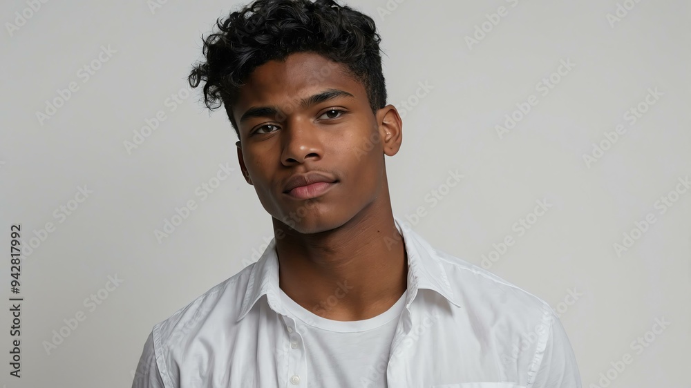 Obraz premium teen stunning black hair caucasian man with white shirt model portrait standing straight on a white wall for ad concept space for text
