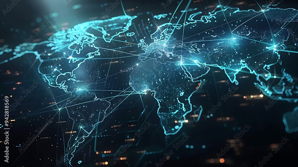 Digital World Map with Interconnected Lines