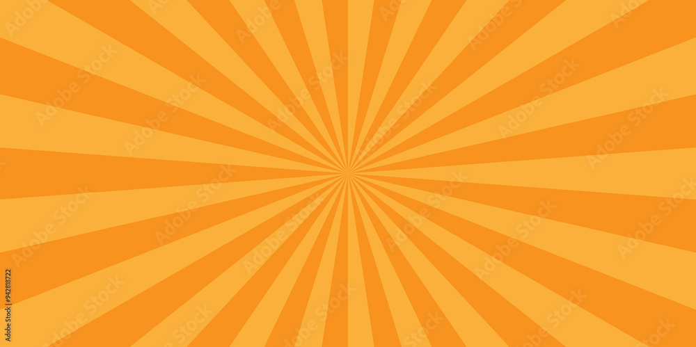 Obraz premium Minimal sunrise radiate striped geometric circus light orange sunburst ray vector backdrop texture background. orange and red retro poster shine spiral template design. 