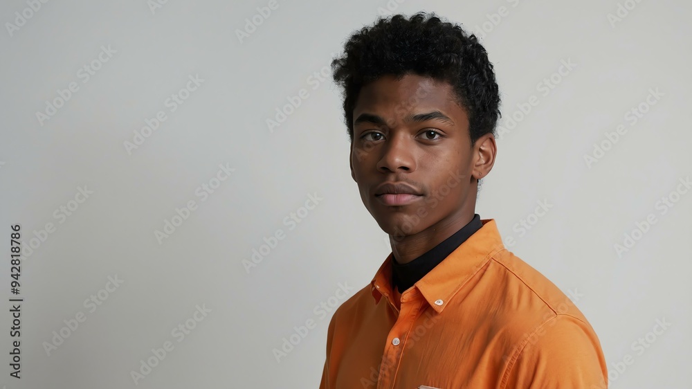 Obraz premium teen stunning black hair american man with orange shirt model portrait standing straight on a white wall for ad concept space for text