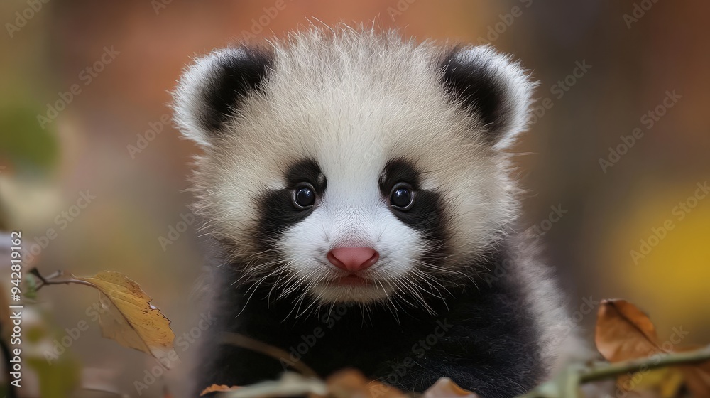 A playful panda cub is captured in its natural habitat, curiously looking around among colorful autumn leaves, soaking in the beauty of nature A playful panda cub is captured in its natural habitat, curiously looking around among colorful autumn leaves, soaking in the beauty of nature