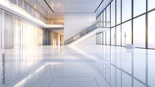 Sophisticated Empty Event Hall with Expansive High Gloss Flooring, Grand Staircase, and Minimalist Decor