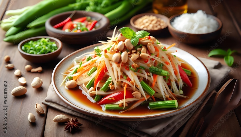 thai papaya salad with shredded vegetables, peanuts, and fresh herbs thai papaya salad with shredded vegetables, peanuts, and fresh herbs