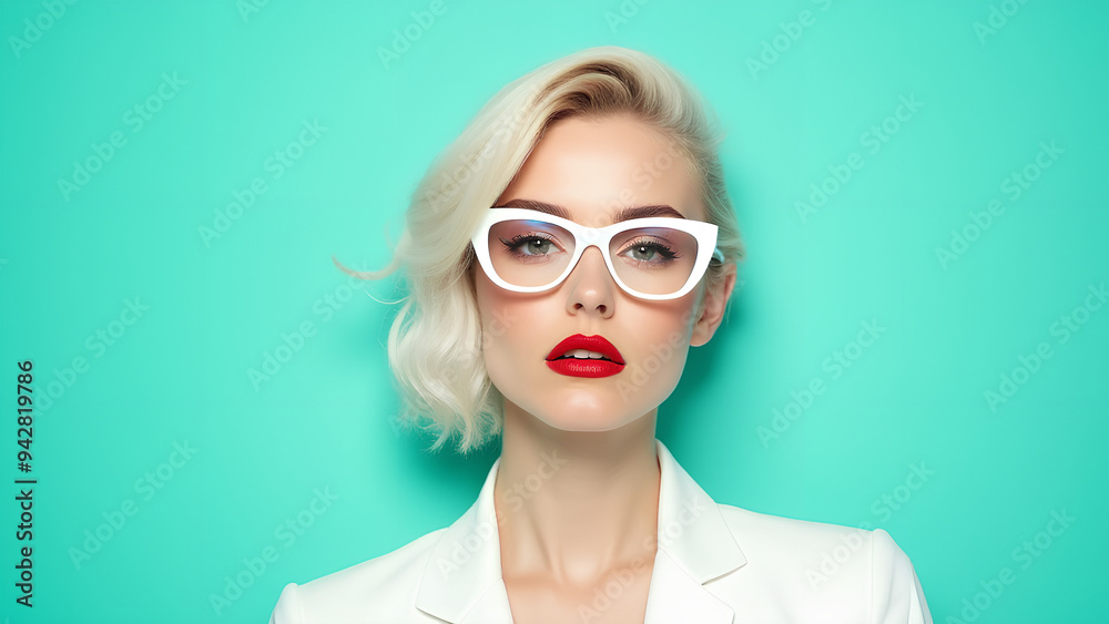 Stylish young woman with platinum blonde hair and red lips wearing white cat-eye glasses and a white outfit against a plain turquoise background Stylish young woman with platinum blonde hair and red lips wearing white cat-eye glasses and a white outfit against a plain turquoise background