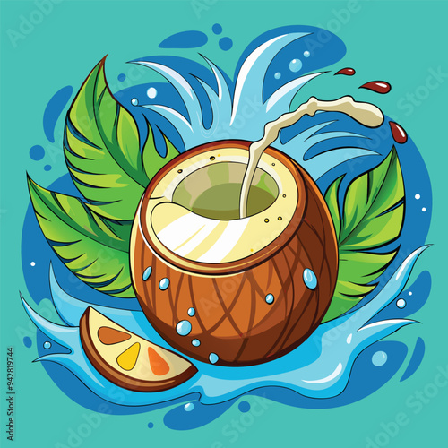 Coconut whole with tree holes Cartoon coconut icon Coconut milk