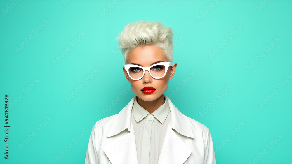 Stylish young woman with platinum blonde hair and red lips wearing white cat-eye glasses and a white outfit against a plain turquoise background