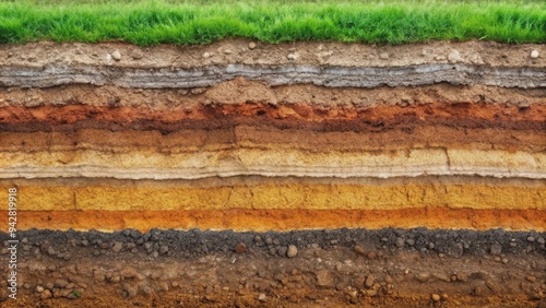 Cross-section of soil layers showing different colored sediments formed over time photo