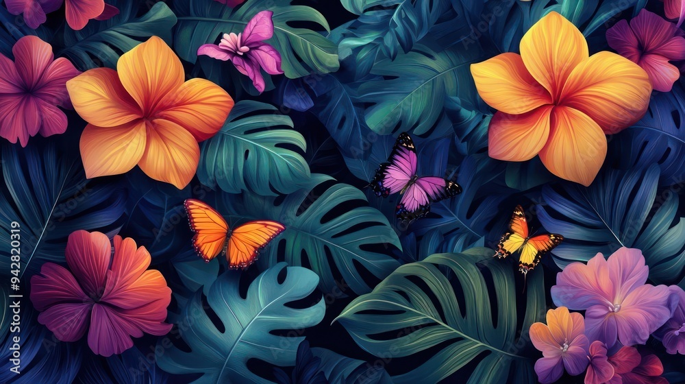 A vibrant digital painting featuring a lush tropical flora and fauna A vibrant digital painting featuring a lush tropical flora and fauna