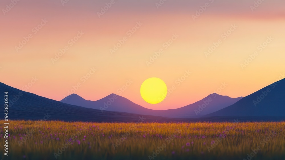 Obraz premium A breathtaking sunset over serene mountains, casting warm hues across a tranquil landscape, perfect for nature lovers and tranquility seekers.