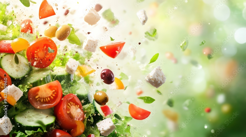 Vibrant salad with fresh vegetables and feta cheese, bursting with flavor and freshness in a lively, green setting. Vibrant salad with fresh vegetables and feta cheese, bursting with flavor and freshness in a lively, green setting.