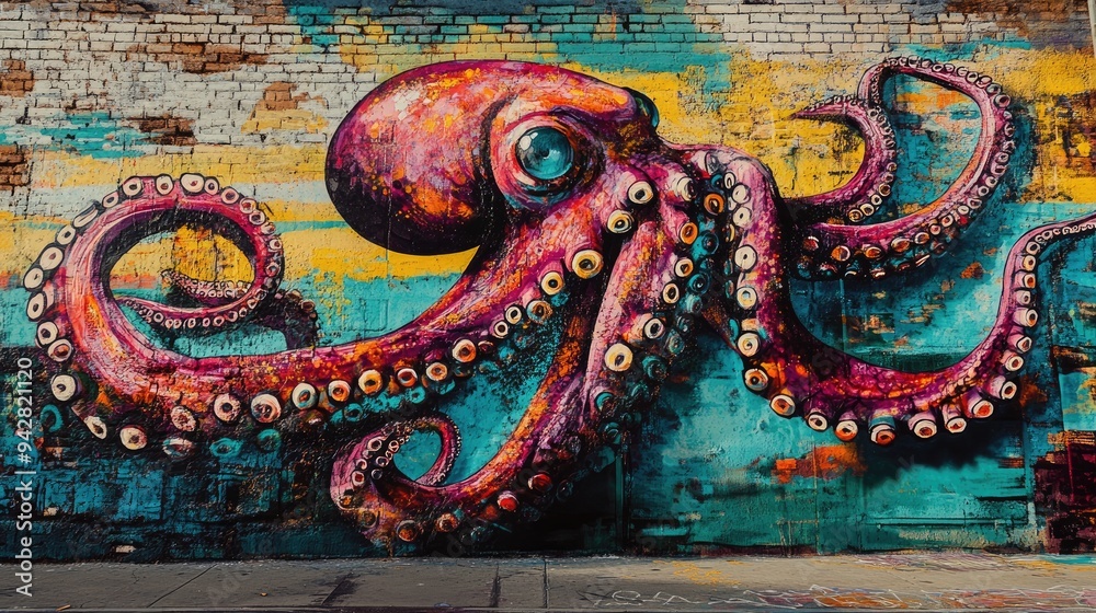 Fototapeta premium Colorful Octopus Mural on Brick Wall