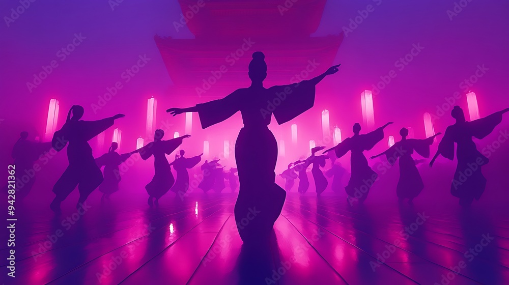Silhouettes of Dancers in a Pink and Purple Room. Silhouettes of Dancers in a Pink and Purple Room.