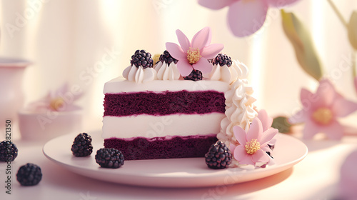 A delectable cake slice, its layers of light-colored sponge cake separated by a luscious white frosting and garnished with plump blackberries and a charming pink flower.