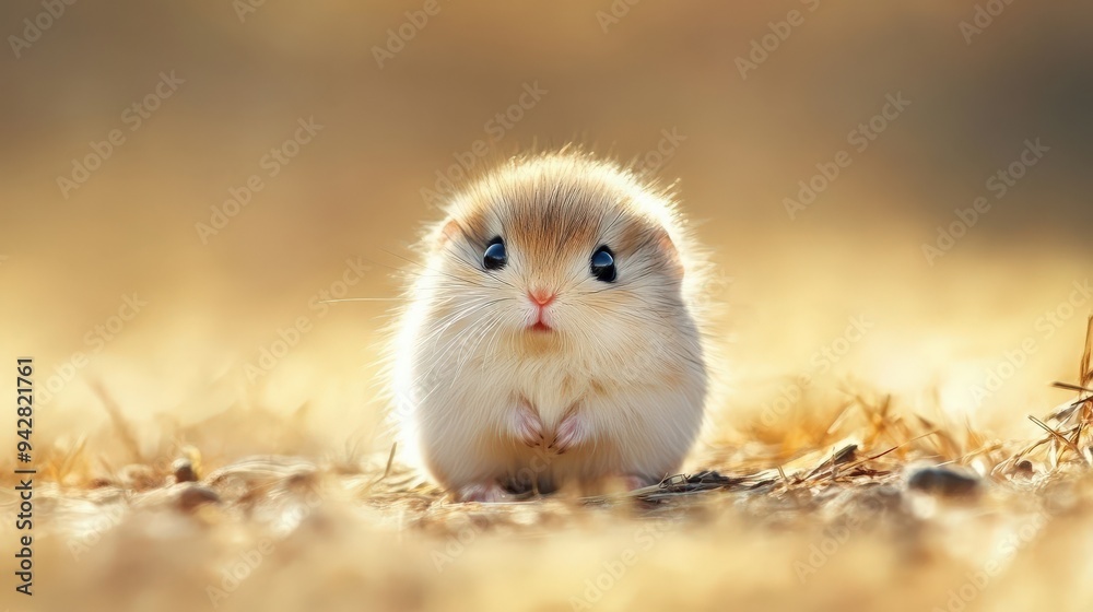 A small, round creature with soft fur curiously explores its surroundings as the warm sunlight bathes the landscape in a golden glow, creating a serene atmosphere