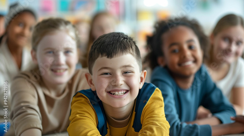 Smiling students with autism participate in a sensory activity in a classroom