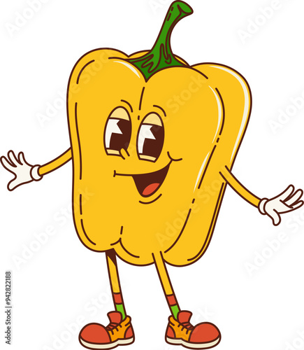 Bell pepper retro groovy barbeque character. Isolated cartoon vector ripe, yellow bbq vegetable personage in vintage hippie sneakers with a cute smiling face, exhibits playful and positive expression