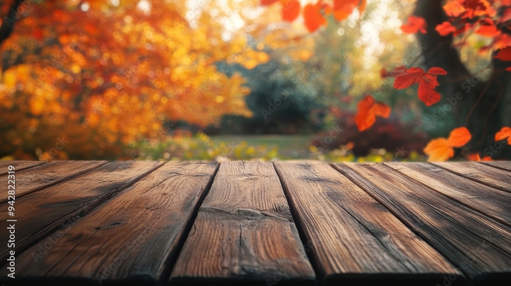 Rustic wooden table stands in vibrant autumn setting. Colorful foliage paints the backdrop, creating an idyllic canvas for fall-themed marketing campaigns. Rustic wooden table stands in vibrant autumn setting. Colorful foliage paints the backdrop, creating an idyllic canvas for fall-themed marketing campaigns.