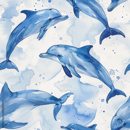 Pattern with watercolor dolphins. Water world pattern.