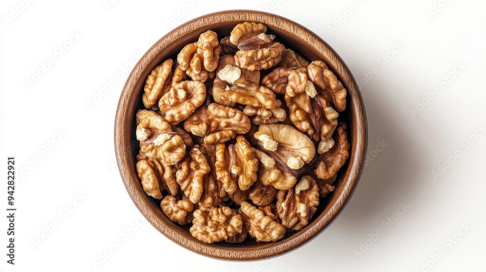 Shelled walnut halves in a bowl. These walnut tree seeds are used as snacks or for baking. Close-up overhead isolated shot on a white background. Shelled walnut halves in a bowl. These walnut tree seeds are used as snacks or for baking. Close-up overhead isolated shot on a white background.