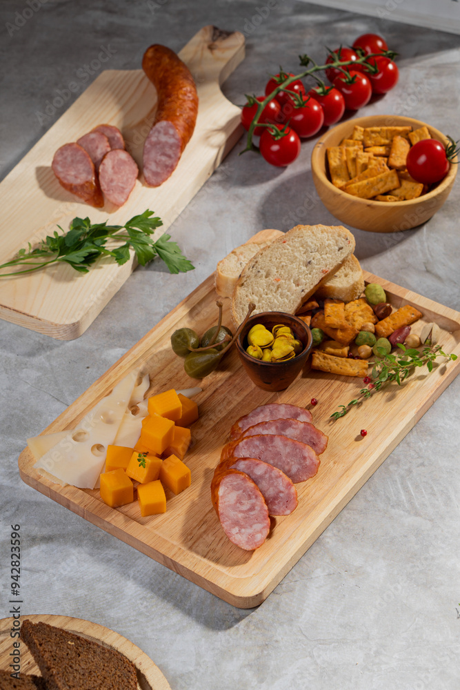 Sliced ​​sausage on a wooden board next to cheese, nuts, herbs