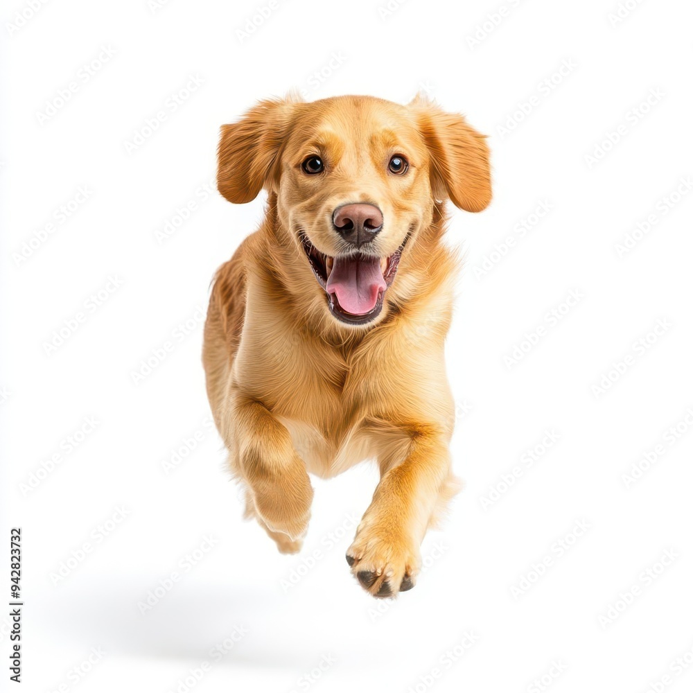 Dog running straight on camera isolated on white background at full speed on competition Dog running straight on camera isolated on white background at full speed on competition