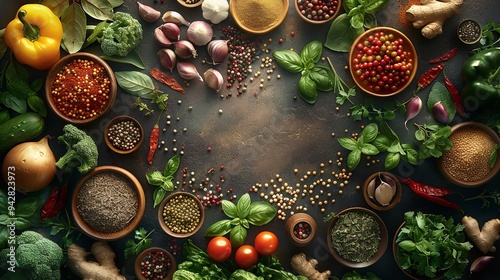 Top View of Herbs and Spices Isolated on Background photo