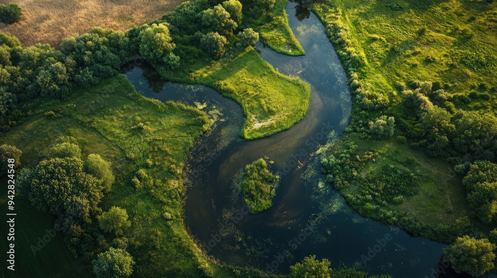 Aerial View of a Serpentine River Winding Through Lush Green Forest Aerial View of a Serpentine River Winding Through Lush Green Forest