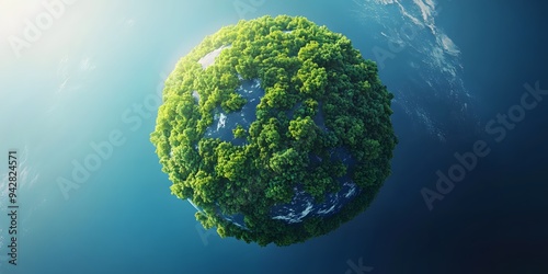 Fototapeta Naklejka Na Ścianę i Meble -  Lush green earth floating in the sky with sunlight casting over the ocean