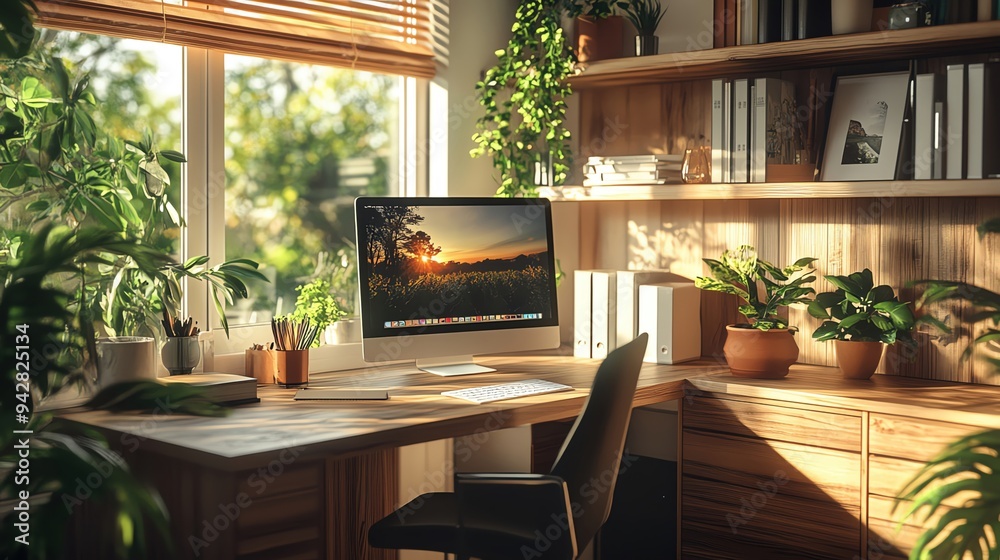 Fototapeta premium A modern home office with a minimalist desk