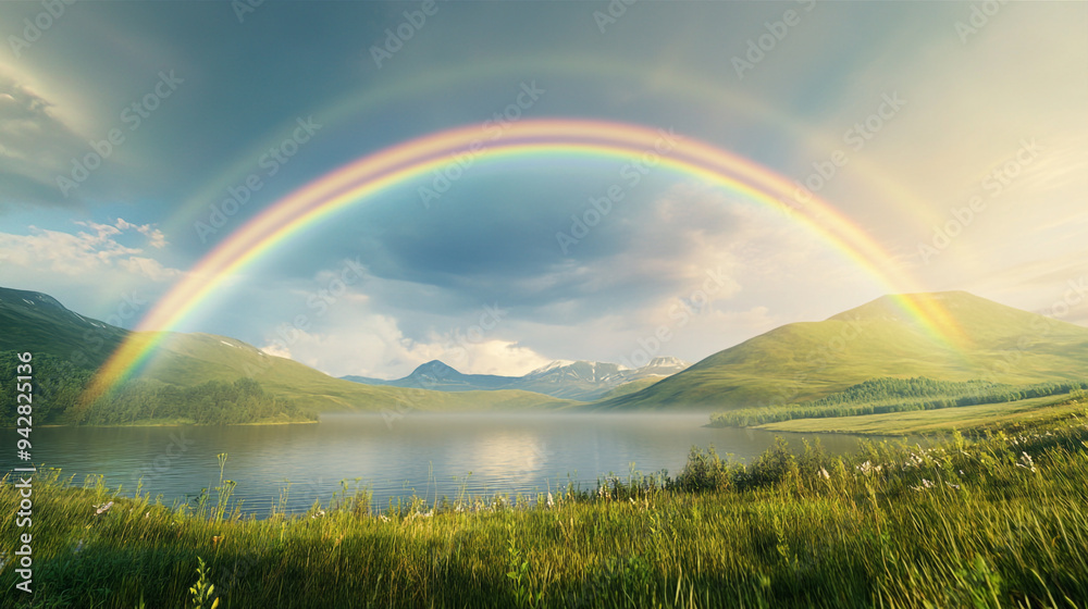 Naklejka premium rainbow over lake, A view of a rainbow arching over a picturesque landscape, such as rolling hills, a meadow,