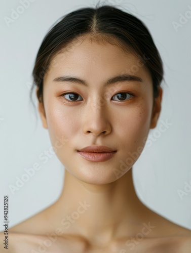 Close-up photo of an Asian woman on a white background, showing only her face and head, with her hair tied back and a slight smile on her face, for use in projects about clean skin without any problem