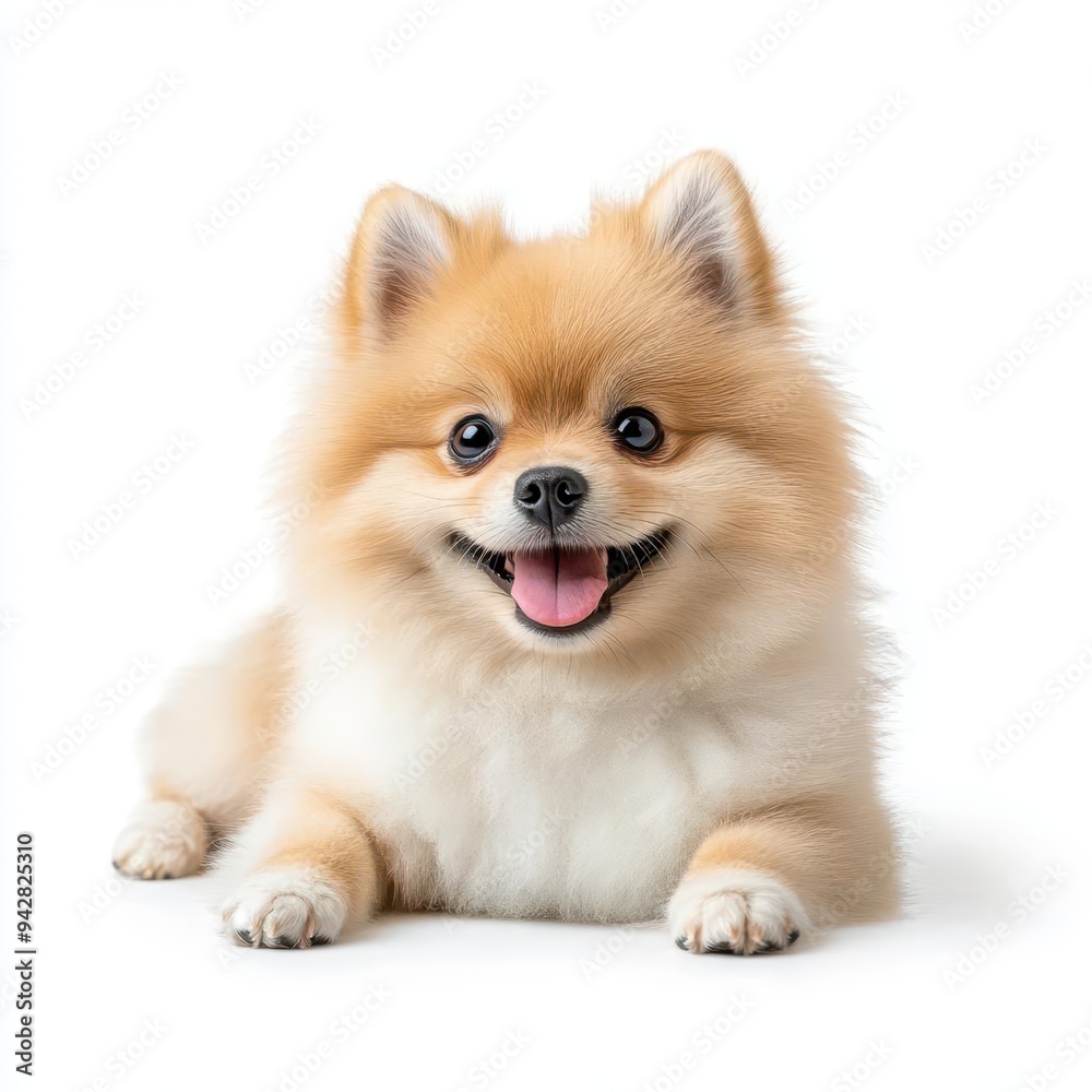 Fluffy Pomeranian with a smiling face, isolated on a white background Fluffy Pomeranian with a smiling face, isolated on a white background