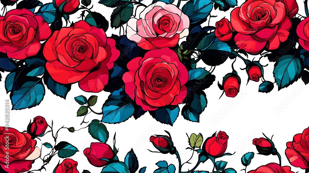 A beautiful bouquet of red roses with green leaves. The roses are arranged in a way that they look like they are growing out of a stem. The colors of the roses and leaves create a vibrant A beautiful bouquet of red roses with green leaves. The roses are arranged in a way that they look like they are growing out of a stem. The colors of the roses and leaves create a vibrant