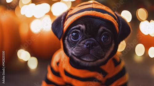 A small pug puppy sits adorably in a cozy striped outfit, surrounded by bright orange pumpkins and warm, soft lights as night falls, perfect for autumn celebrations