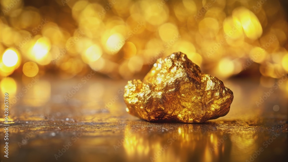 Golden background with a close-up macro shot of a shining gold nugget, gold, shiny, valuable, precious, metallic, wealth Golden background with a close-up macro shot of a shining gold nugget, gold, shiny, valuable, precious, metallic, wealth