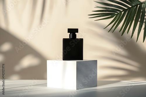 Black Perfume Bottle on a White Cube with a Palm Leaf Shadow