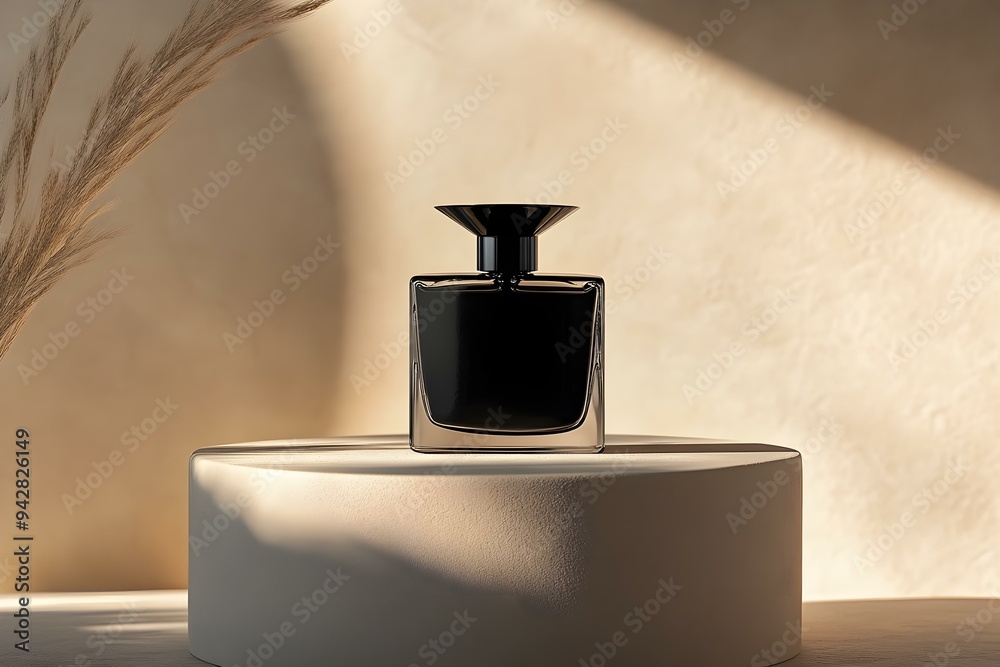 Black Perfume Bottle on Beige Podium Black Perfume Bottle on Beige Podium