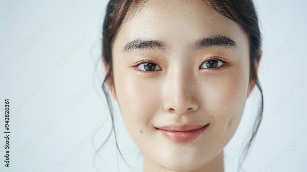 Close-up photo of an Asian woman on a white background, showing only her face and head, with her hair tied back and a slight smile on her face, for use in projects about clean skin without any problem Close-up photo of an Asian woman on a white background, showing only her face and head, with her hair tied back and a slight smile on her face, for use in projects about clean skin without any problem