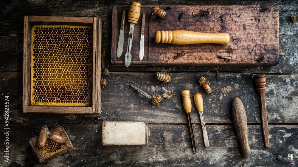 Beekeeping Tools and Honeycomb on Rustic Wooden Surface Beekeeping Tools and Honeycomb on Rustic Wooden Surface