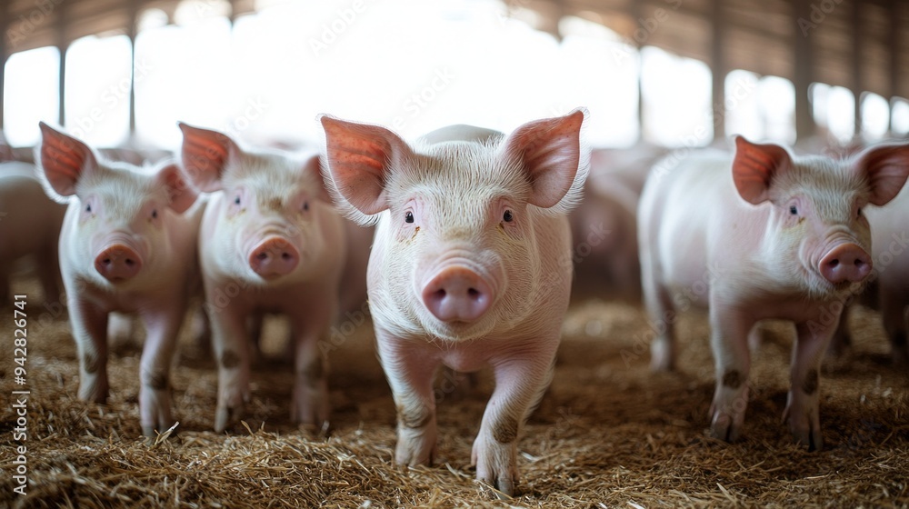 A group of pigs are standing in a pen with straw on the ground A group of pigs are standing in a pen with straw on the ground