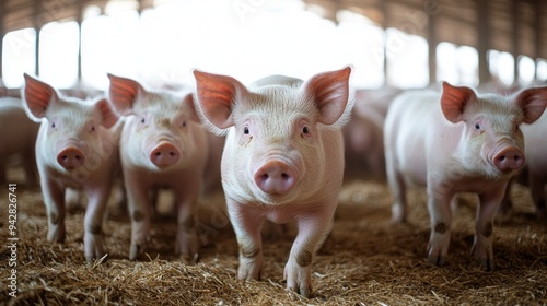 A group of pigs are standing in a pen with straw on the ground
