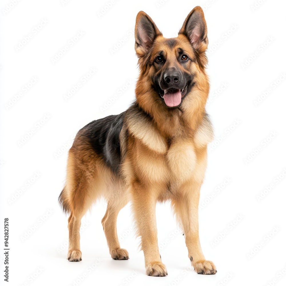 German Shepherd standing attentively, isolated on a white background German Shepherd standing attentively, isolated on a white background