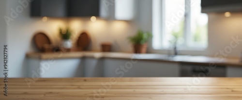 Blurred Kitchen Interior with Wooden Countertop