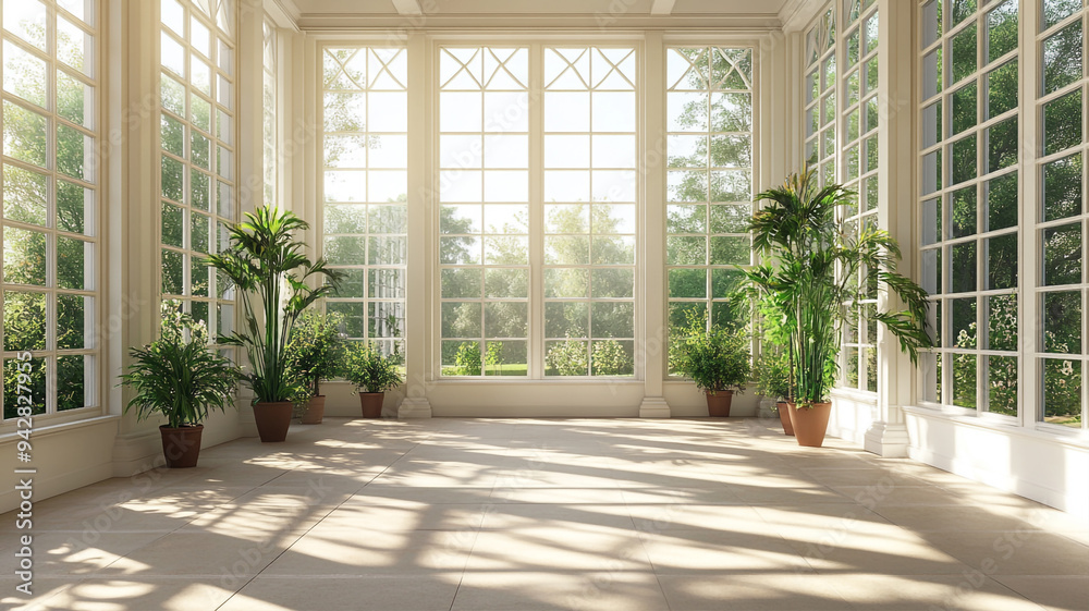 A spacious, empty room with high ceilings, ornate and large windows letting A spacious, empty room with high ceilings, ornate and large windows letting