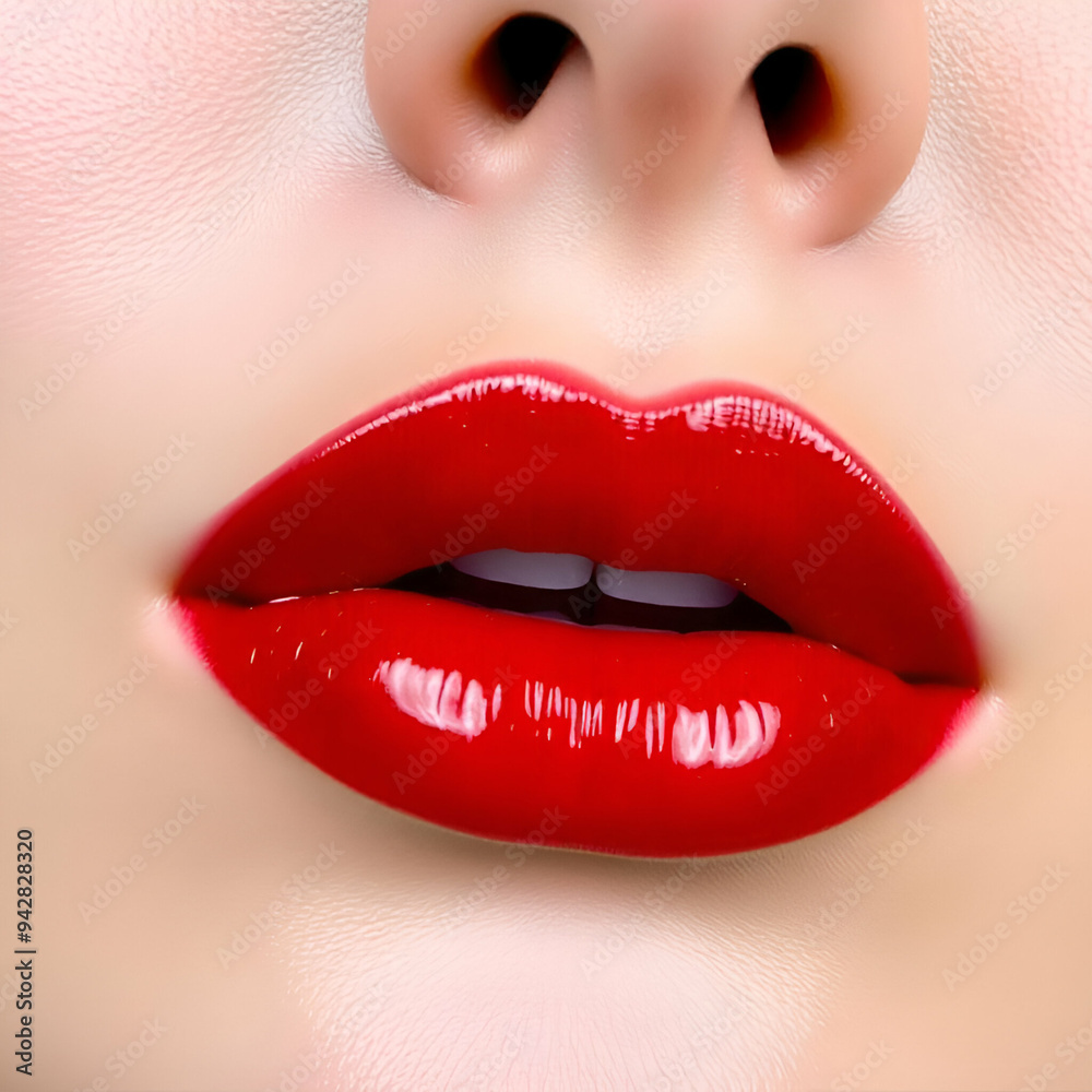 Close-up of a woman's full, red lips with gloss Close-up of a woman's full, red lips with gloss