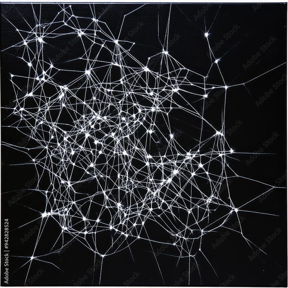 Abstract white wireframe net with glowing nodes on a jet-black canvas. Abstract white wireframe net with glowing nodes on a jet-black canvas.