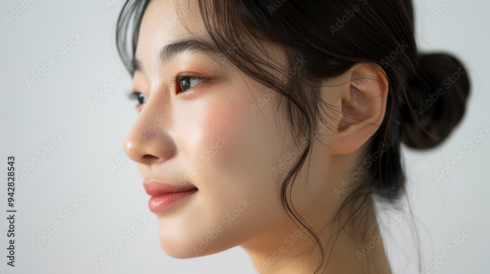 Close-up photo of an Asian woman on a white background, showing only her face and head, with her hair tied back and a slight smile on her face, for use in projects about clean skin without any problem