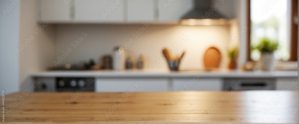 Wooden Tabletop with Blurred Kitchen Background Wooden Tabletop with Blurred Kitchen Background